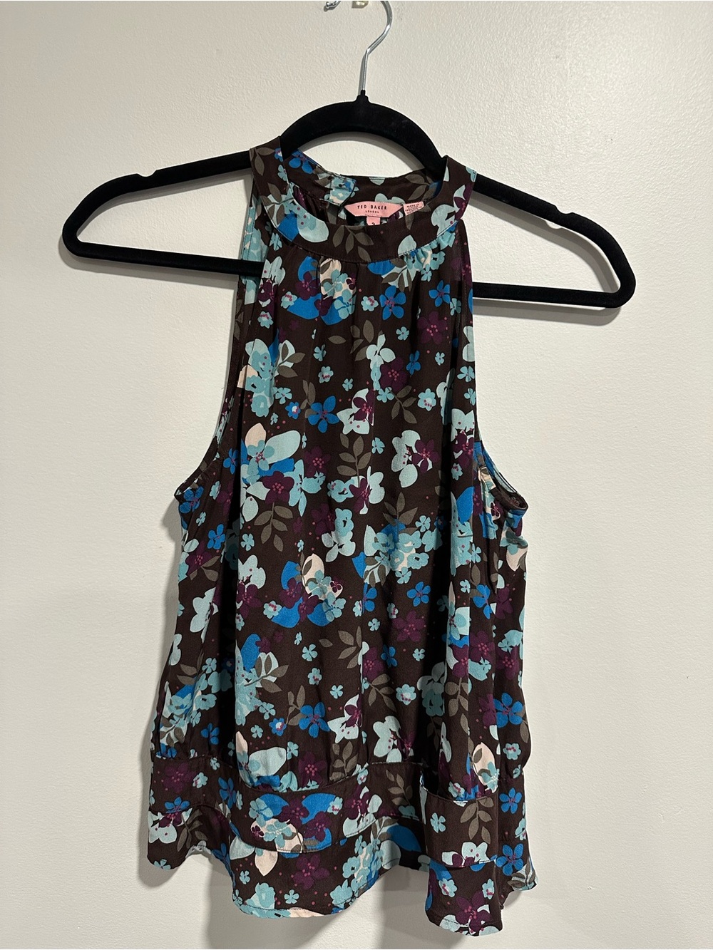 Ted Baker Halter Sleeveless Blouse Silk Brown Blue Floral Side Zip Size 3